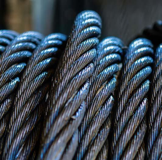 Close up of lubricated steel wire ropes
